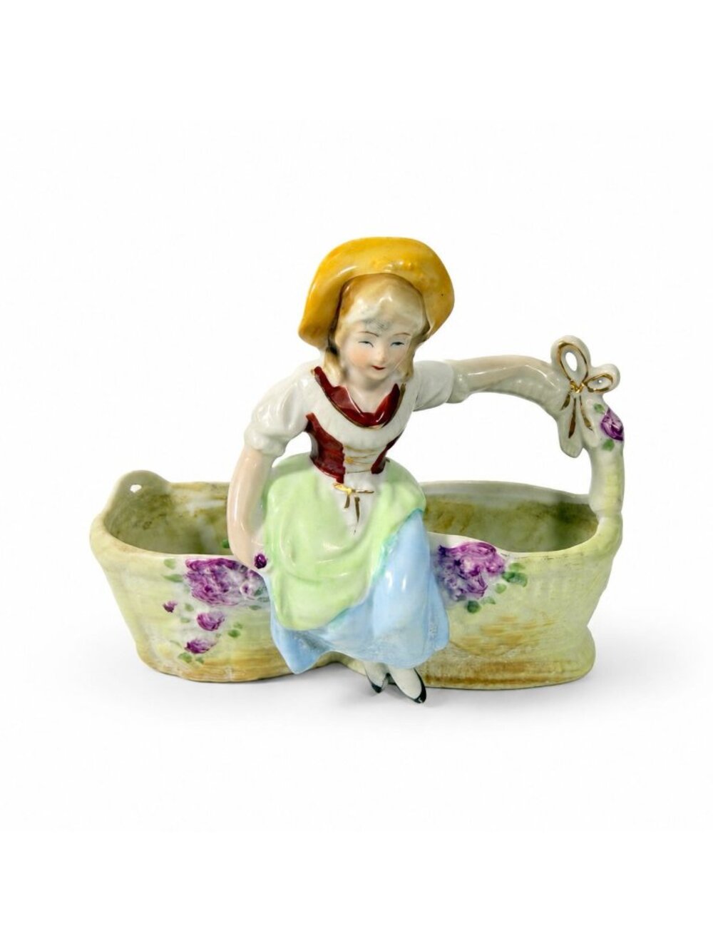 Double Planter Dutch Girl Lipper and Mann Woman Sitting on Basket Porcelain Japa